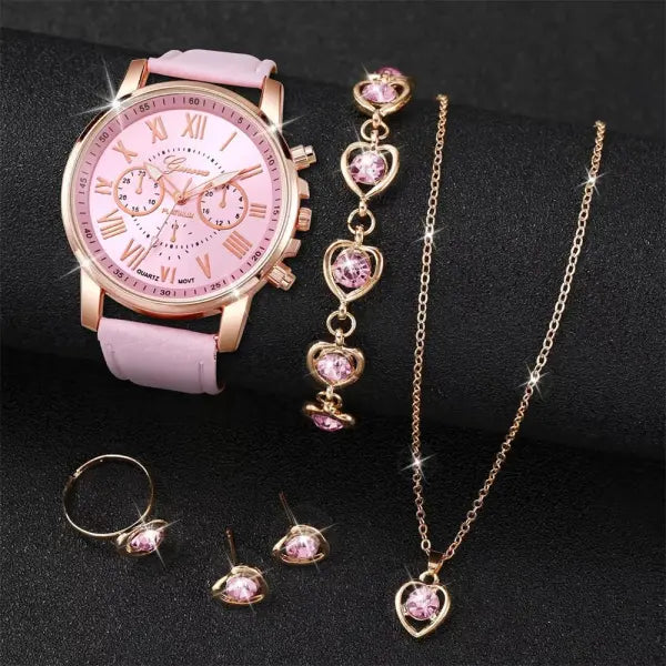 6PCS/Set Fashion Women’s Quartz Watch Leather Band Analog Wrist Watches Heart Rhinestone Jewelry Set(Without Box) - FS