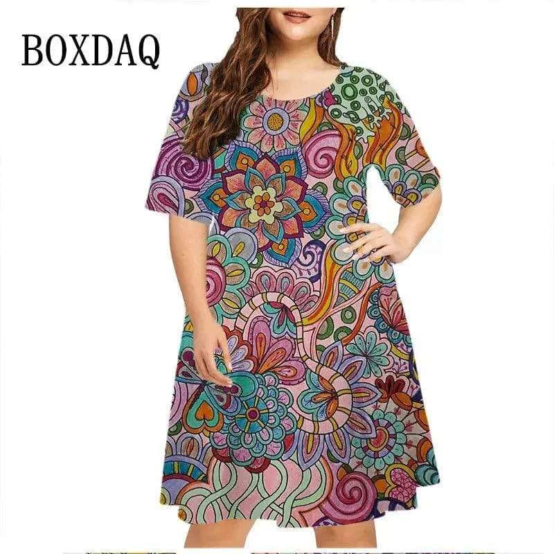 6XL Plus Size Dresses Women Abstract Painted Print Dress