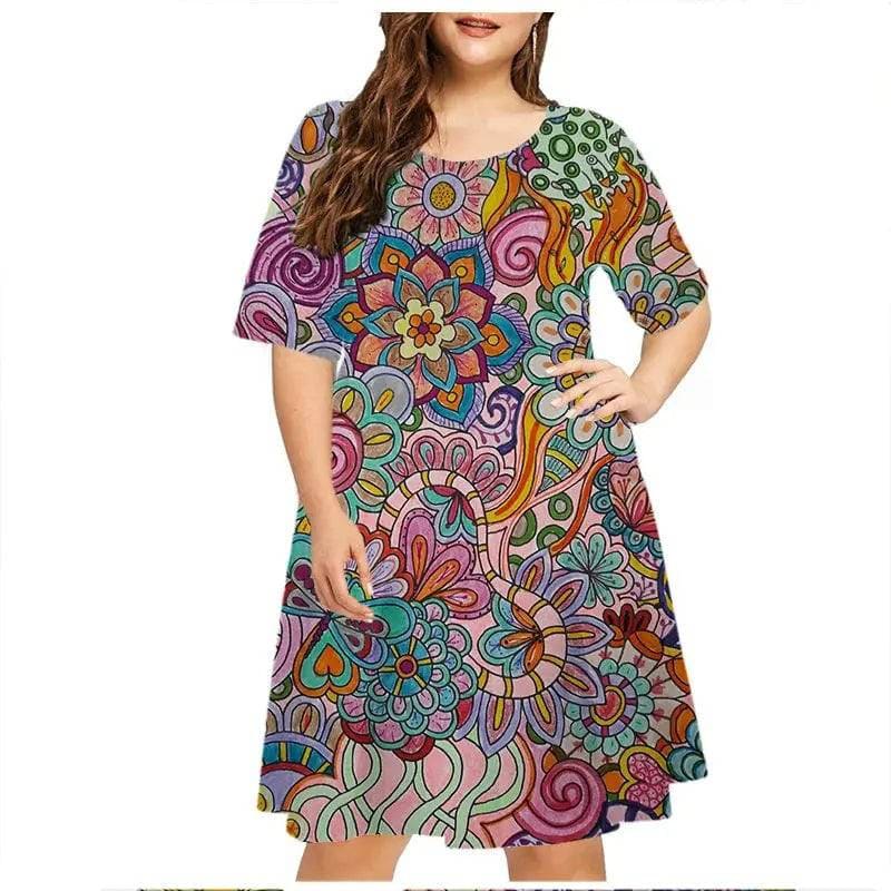 6XL Plus Size Dresses Women Abstract Painted Print Dress - DM14292 / 6XL