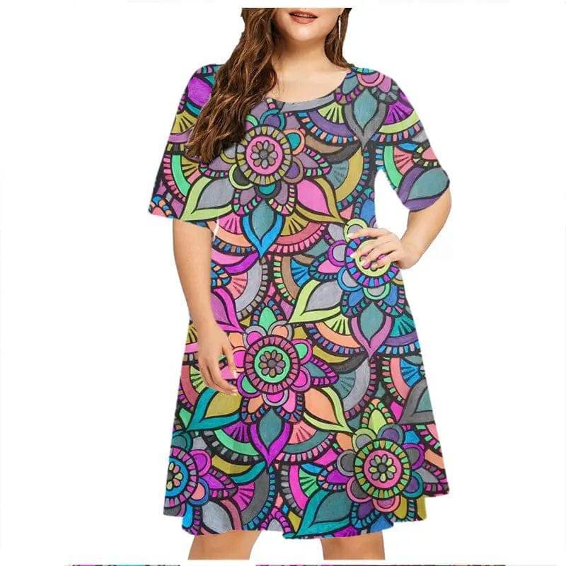 6XL Plus Size Dresses Women Abstract Painted Print Dress - DM14294 / 6XL