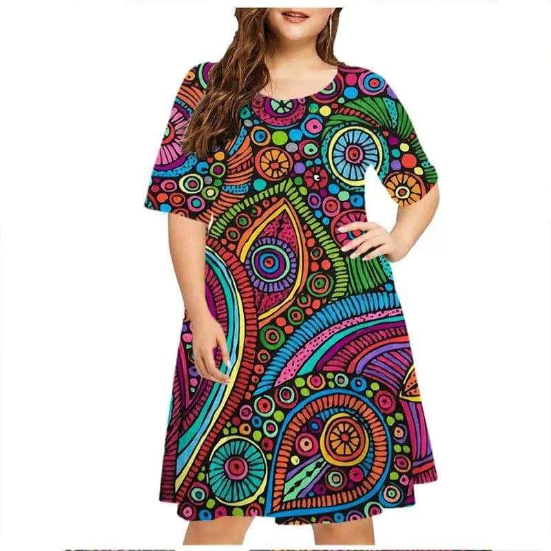 6XL Plus Size Dresses Women Abstract Painted Print Dress - DM14295 / XL