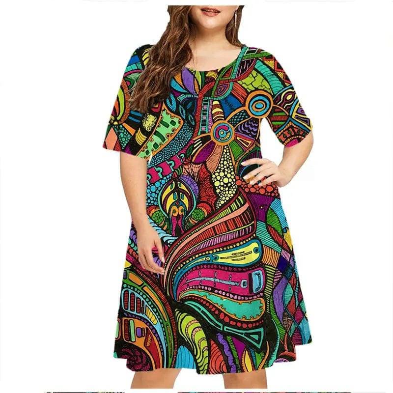 6XL Plus Size Dresses Women Abstract Painted Print Dress - DM14296 / 6XL