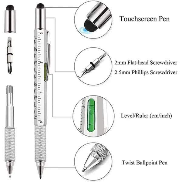 7 in 1 Multifunctional Pen Touch Screen Stylus Capacitive Pen with Screwdriver Ruler Levelgauge Refillable Ballpoint