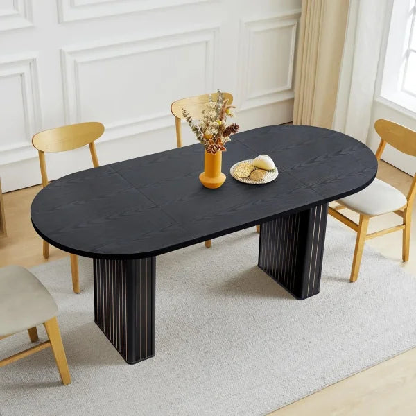 70.8’’ Oval Kitchen Dining Table - Wood Strip Base Seats 4-6 People - Black 70 Oval / United States