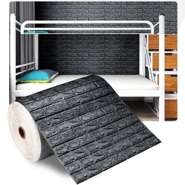 3D Antique Foam Brick Wallpaper: Self-Adhesive Waterproof Wall Stickers (70cm x 1/5/10m) - Grey Black / 70cmX1m