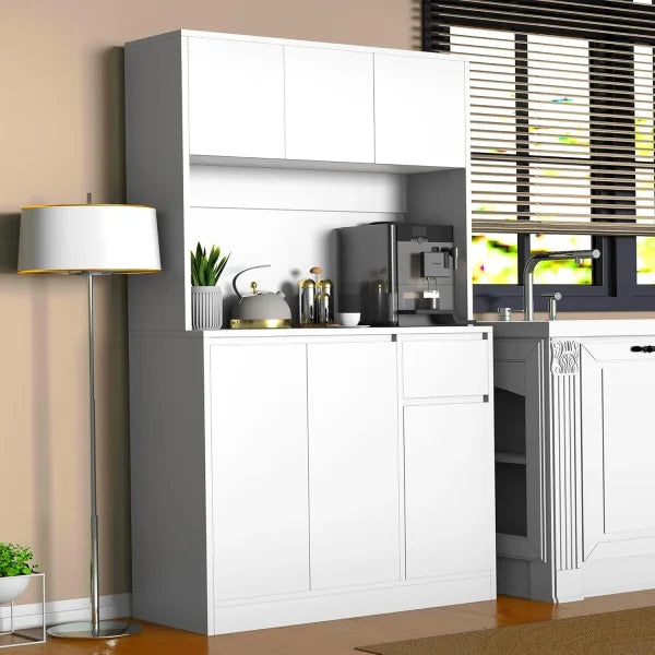 71’’ Tall Black Kitchen Pantry Cabinet with Power Outlet & Countertop - White / United States