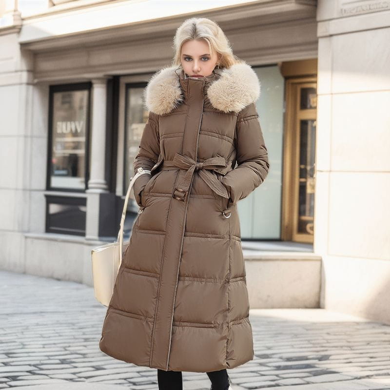 Women’s Winter Slim Long Jacket with Fur Hood and Stylish Belt