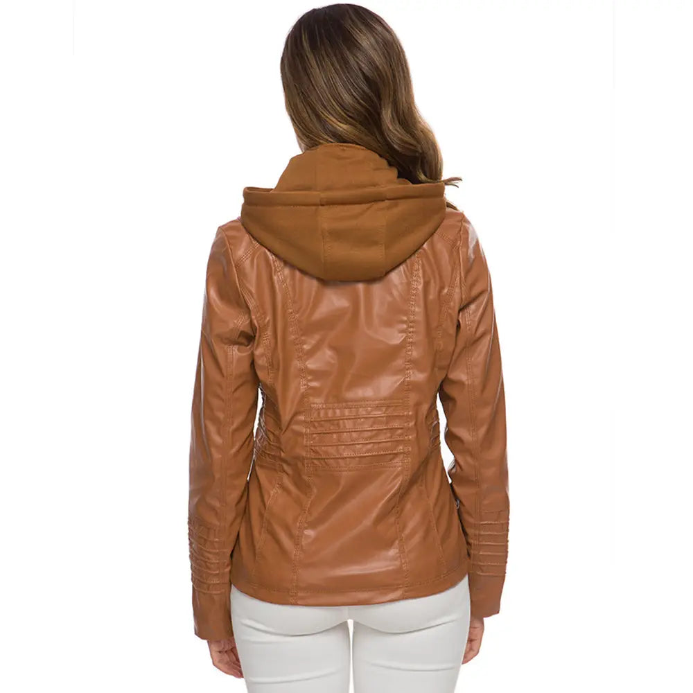 Detachable Hooded Leather Jacket with Pockets – Casual Solid Color Women’s Coat for Autumn & Winter