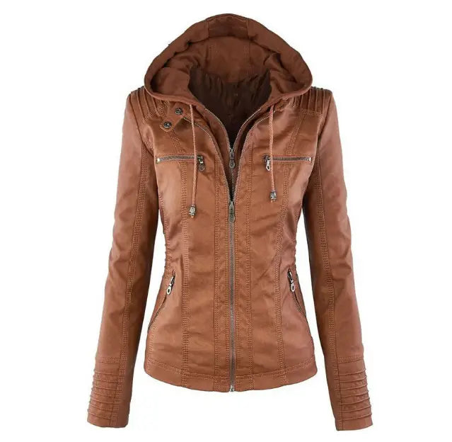 Detachable Hooded Leather Jacket with Pockets – Casual Solid Color Women’s Coat for Autumn & Winter