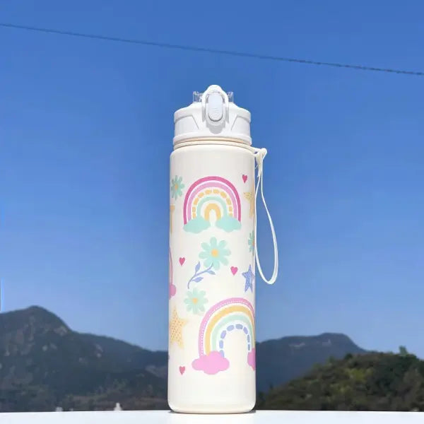 750ml Dinosaur Water Bottle for Kids with Silicone Straw Sippy Cup - white rainbow / 750ml / China Mainland