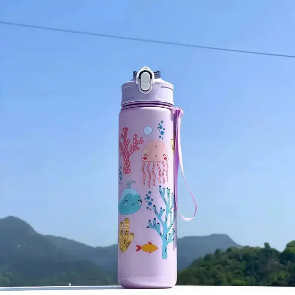 750ml Dinosaur Water Bottle for Kids with Silicone Straw Sippy Cup - purple ocean / 750ml / China Mainland
