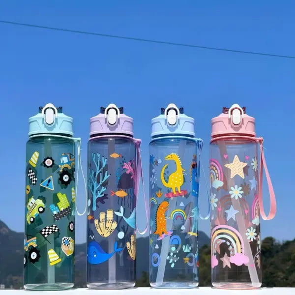 750ml Dinosaur Water Bottle for Kids with Silicone Straw Sippy Cup - 4 pcs Transparent / 750ml / China Mainland
