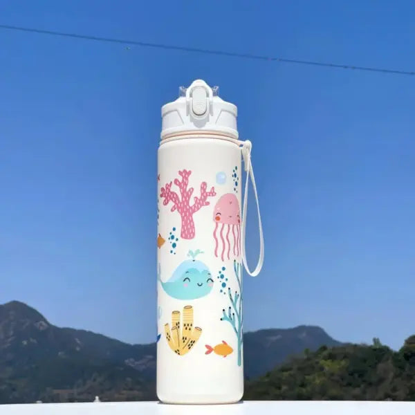 750ml Dinosaur Water Bottle for Kids with Silicone Straw Sippy Cup - white ocean / 750ml / China Mainland