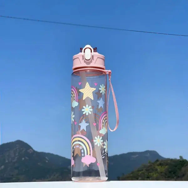 750ml Dinosaur Water Bottle for Kids with Silicone Straw Sippy Cup - Transparent rainbow / 750ml / China Mainland