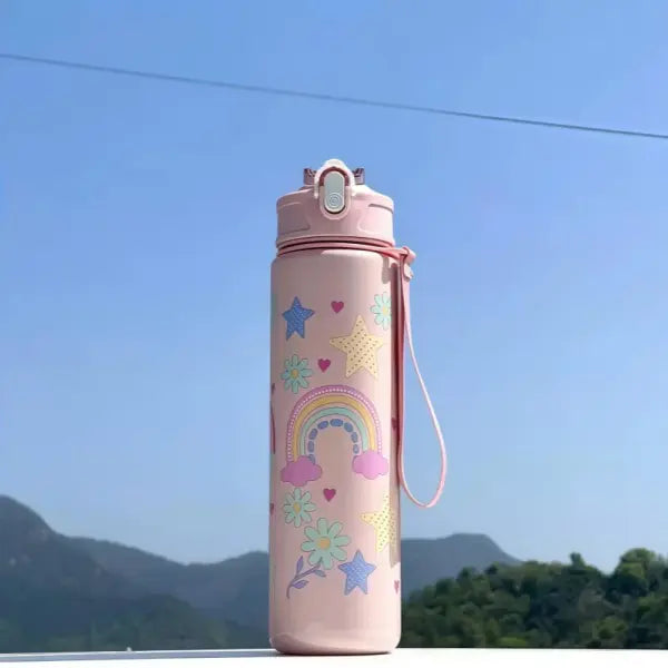 750ml Dinosaur Water Bottle for Kids with Silicone Straw Sippy Cup - pink rainbow / 750ml / China Mainland
