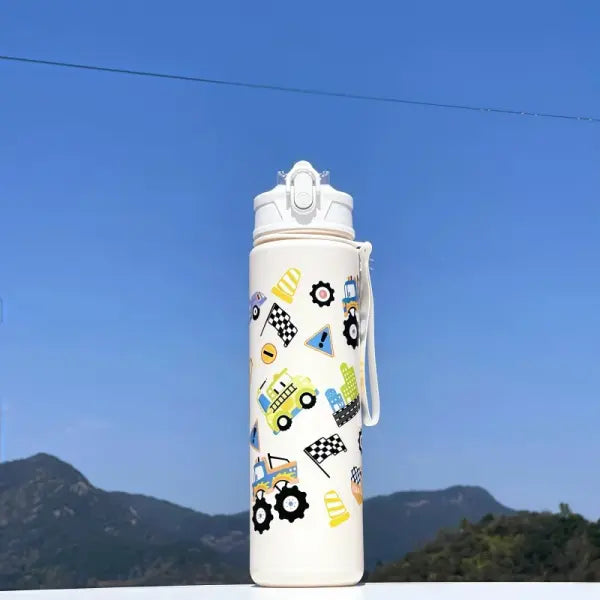 750ml Dinosaur Water Bottle for Kids with Silicone Straw Sippy Cup - white car / 750ml / China Mainland