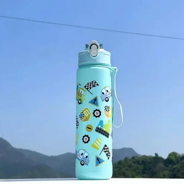 750ml Dinosaur Water Bottle for Kids with Silicone Straw Sippy Cup - green car / 750ml / China Mainland
