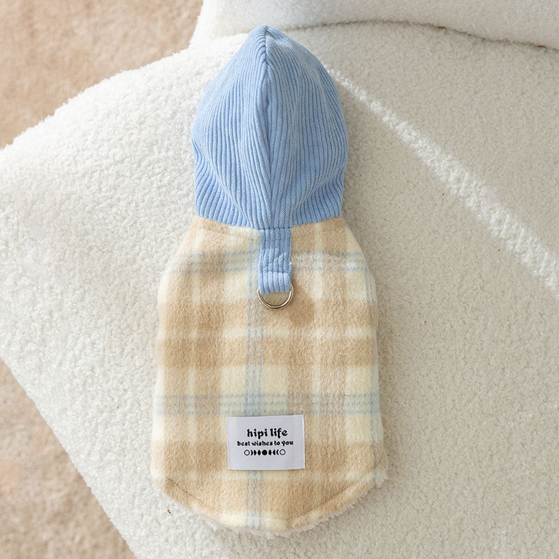 Chessboard Grid Hooded Traction Vest Autumn And Winter Pet - Blue / L - Hair Remover