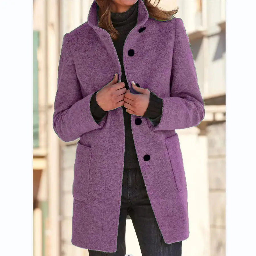 Fashion Stand Collar Woolen Coat with Pockets – Casual Button Outwear for Women