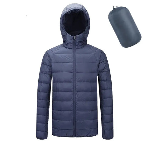 Men’s Lightweight Hooded Winter Coat in Solid Color Zipper Design - Hooded navy blue / 2XL