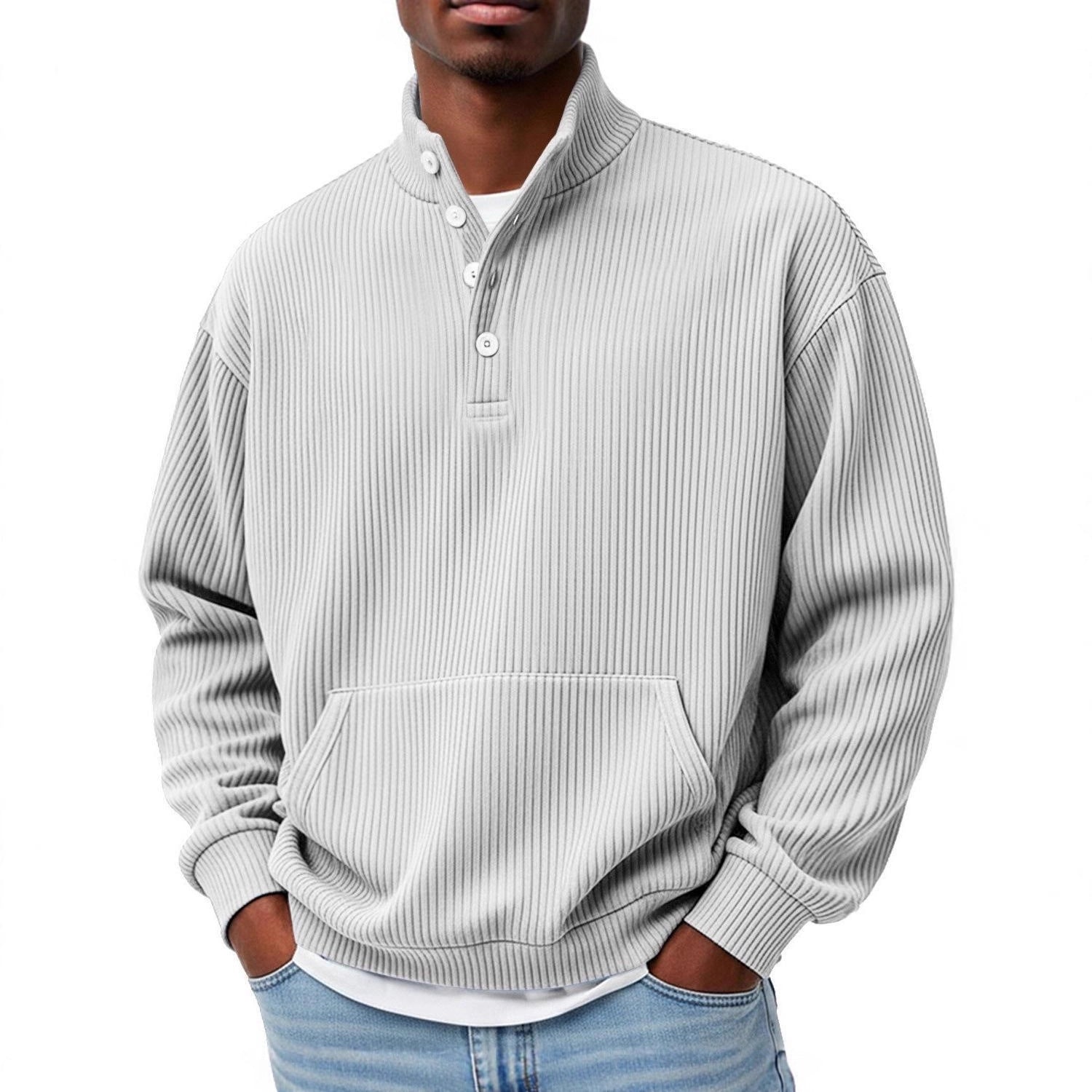 Mens Solid-Color Turtleneck Casual Long-Sleeve Polo Sweatshirt With Pockets For Men Spring Autumn Clothing Loose Button