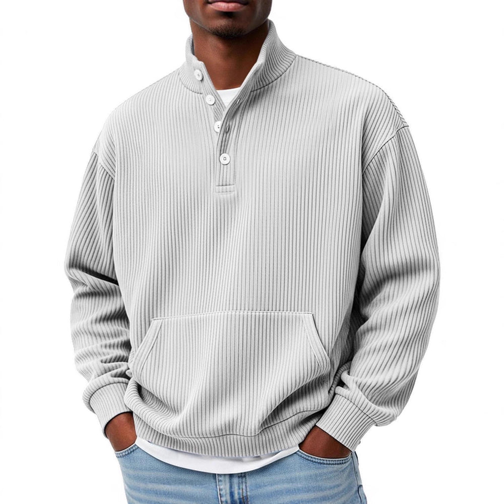 Mens Solid-Color Turtleneck Casual Long-Sleeve Polo Sweatshirt With Pockets For Men Spring Autumn Clothing Loose Button
