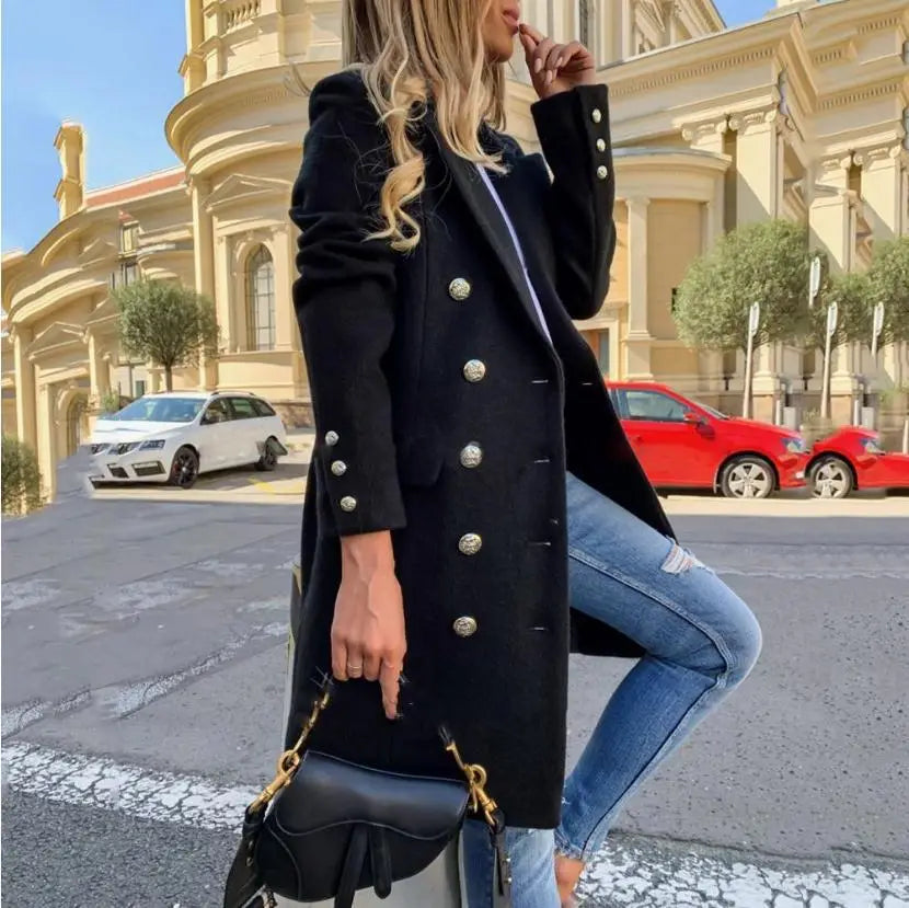 Women’s Woolen Lapel Double-Breasted Fashion Casual Trench Coat