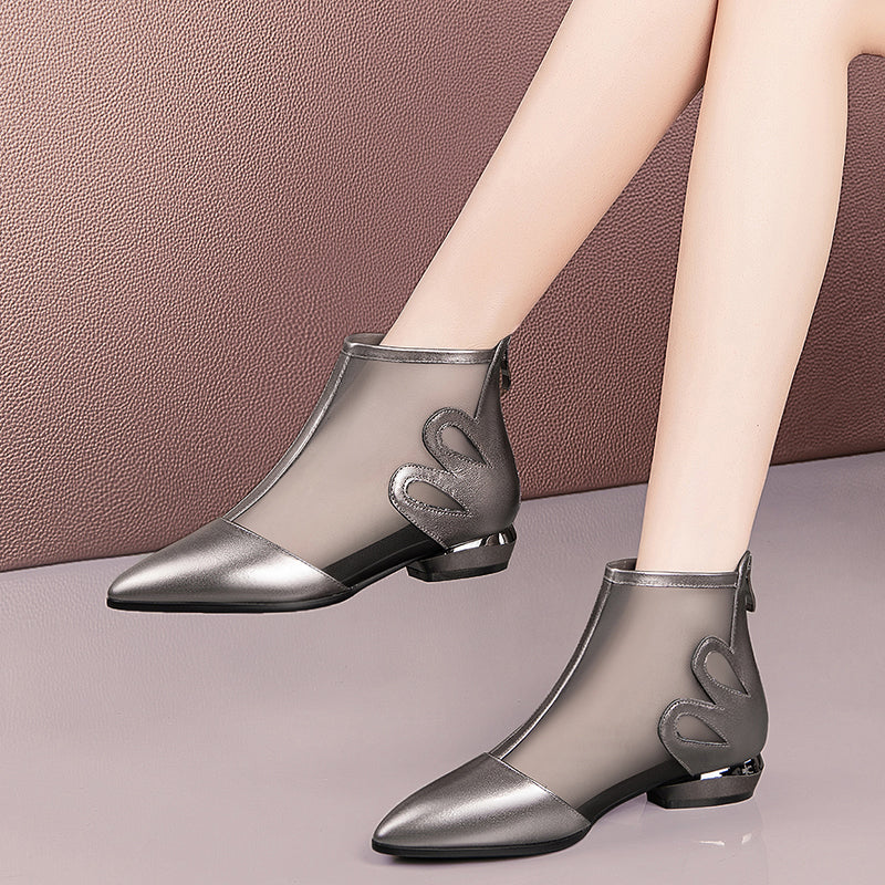 Soft Leather Flat Heel Net Boots Women''s Hollow Flat Bottom Sandals