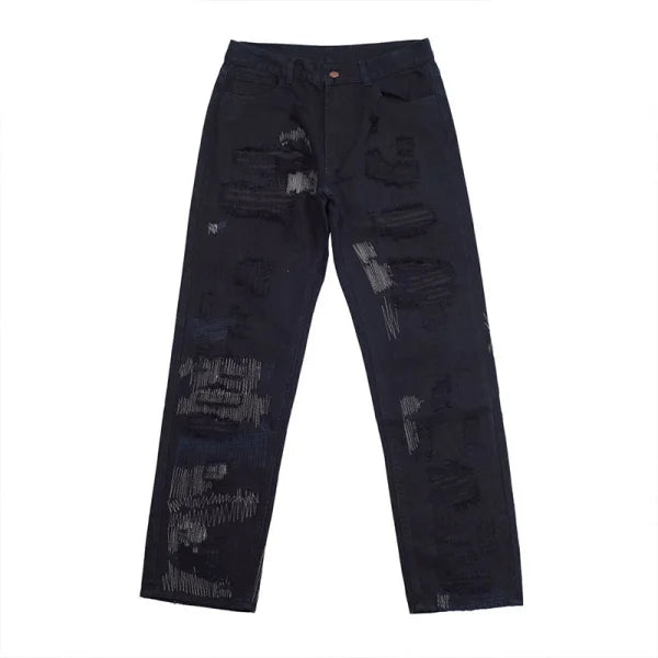 Pair of distressed black jeans with patches and rips from 7TT Original National Chaogao