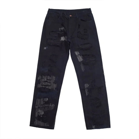Pair of distressed black jeans with patches and rips from 7TT Original National Chaogao