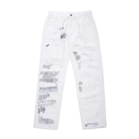 White denim jeans with distressed patches and embroidery, 7TT Original National Chaogao
