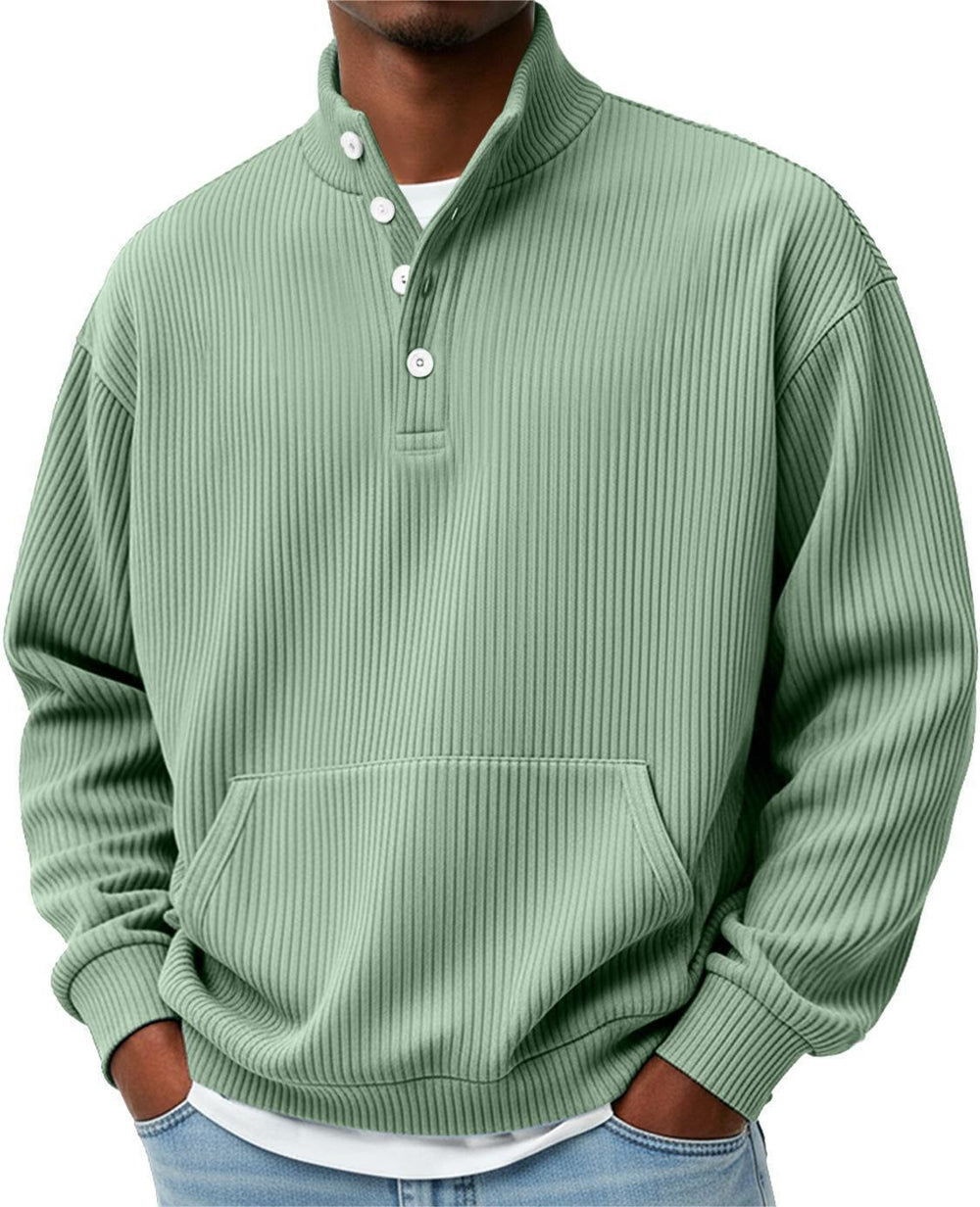 Mens Solid-Color Turtleneck Casual Long-Sleeve Polo Sweatshirt With Pockets For Men Spring Autumn Clothing Loose Button