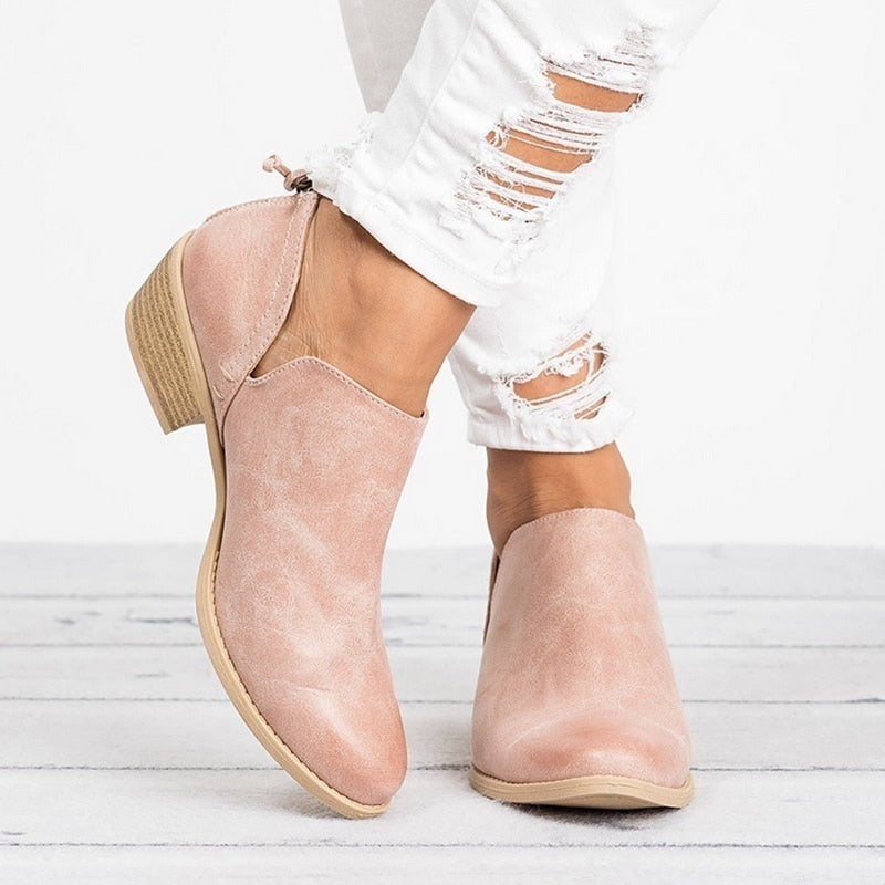Retro High Heel Ankle Boots in Breathable Material - Pink / 35