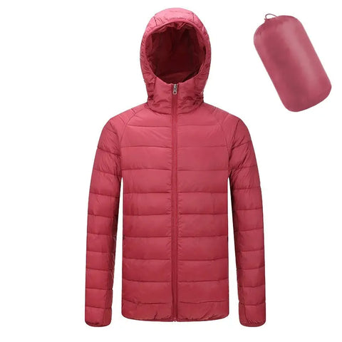 Men’s Lightweight Hooded Winter Coat in Solid Color Zipper Design - Hooded wine red / 2XL