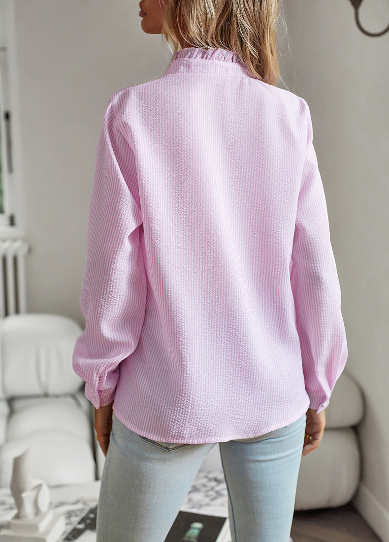Striped Long Sleeve Shirt Fashion Ruffle Design Button Up Tops Casual Office Blouse Elegant Commuting Women’s Clothing
