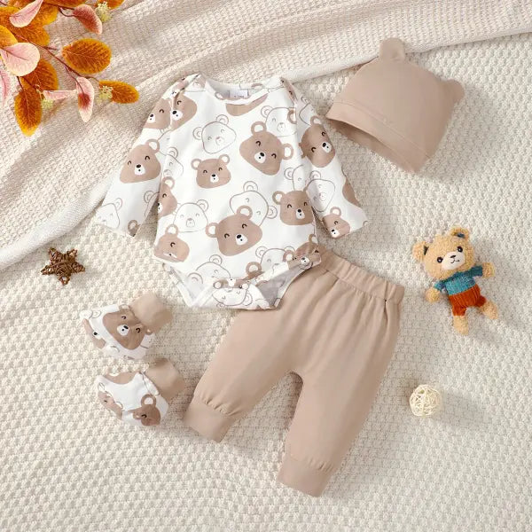 Baby Boy 4-Piece Set – Little Bear Bodysuit Pants Hat & Socks (0–9 Months) Spring & Autumn Outfit - XP-2482808 / 3-6M