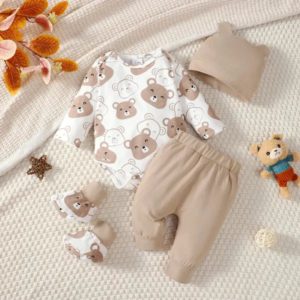 Baby Boy 4-Piece Set – Little Bear Bodysuit Pants Hat & Socks (0–9 Months) Spring & Autumn Outfit