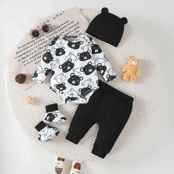 Baby Boy 4-Piece Set – Little Bear Bodysuit Pants Hat & Socks (0–9 Months) Spring & Autumn Outfit - XP-2482808-1 / 6-9M