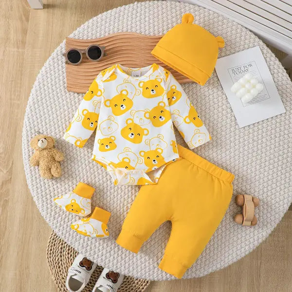 Baby Boy 4-Piece Set – Little Bear Bodysuit Pants Hat & Socks (0–9 Months) Spring & Autumn Outfit - XP-2482808-2 / 3-6M