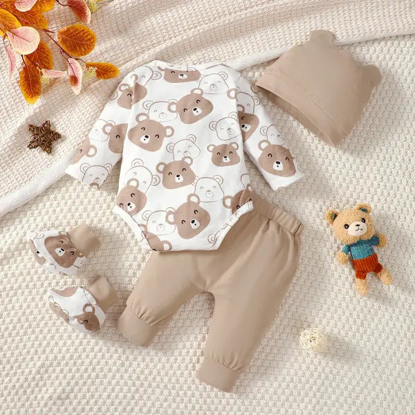 Baby Boy 4-Piece Set – Little Bear Bodysuit Pants Hat & Socks (0–9 Months) Spring & Autumn Outfit