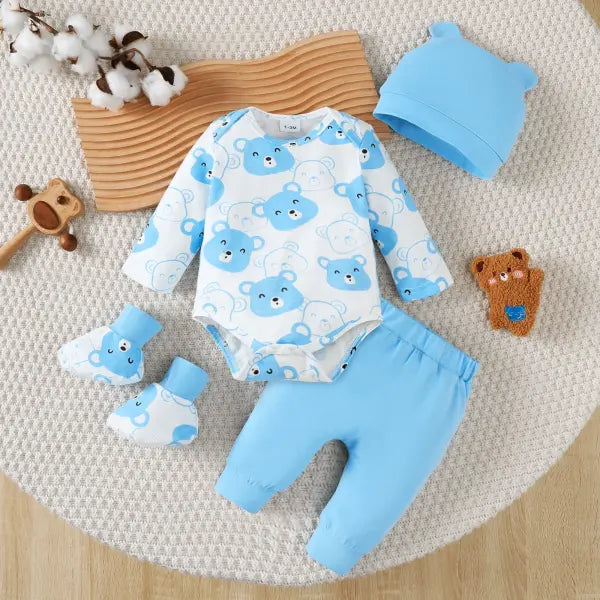 Baby Boy 4-Piece Set – Little Bear Bodysuit Pants Hat & Socks (0–9 Months) Spring & Autumn Outfit - XP-2482808-3 / 0-1M