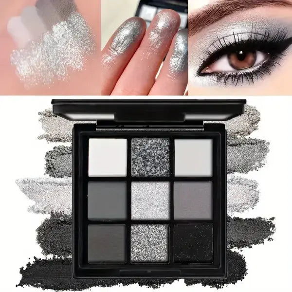 9-shade eyeshadow palette: Black Swan Smoky Dark Black Grey Silver Glitter Matte Finish Long-lasting and easy to color