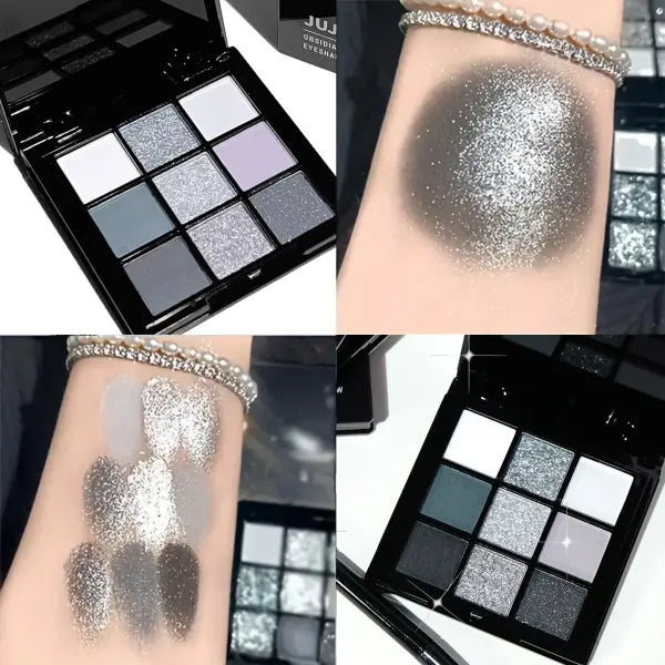 9-shade eyeshadow palette: Black Swan Smoky Dark Black Grey Silver Glitter Matte Finish Long-lasting and easy to color
