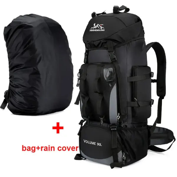 Large capacity 90L waterproof trekking bag for camping - Black ad cover