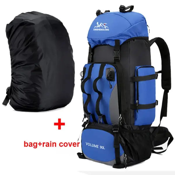 Large capacity 90L waterproof trekking bag for camping - Blue ad cover