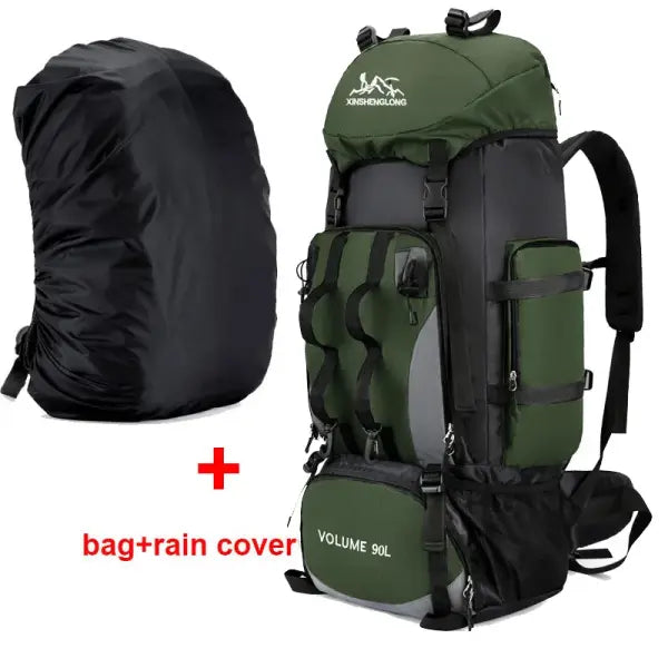 Large capacity 90L waterproof trekking bag for camping - Army ad cover