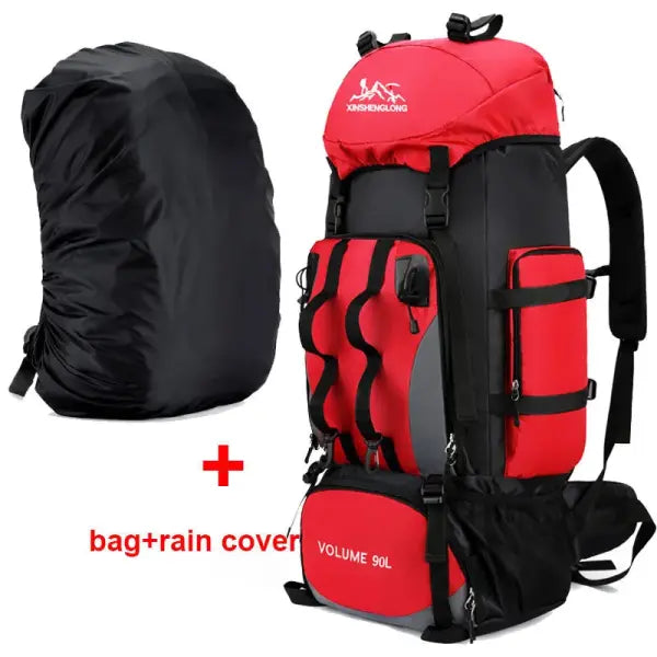 Large capacity 90L waterproof trekking bag for camping - Red ad cover