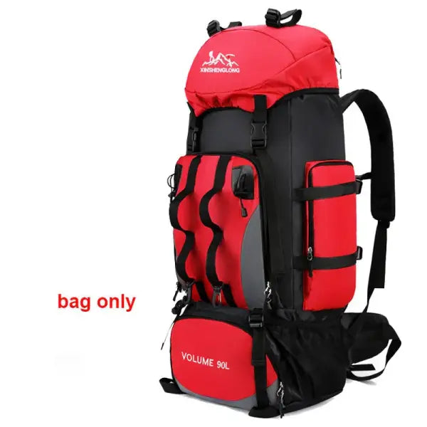 Large capacity 90L waterproof trekking bag for camping - Red