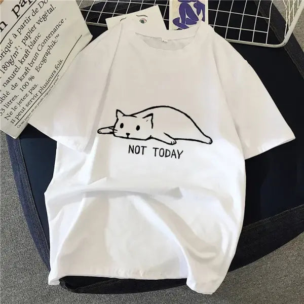 90s Graphic Cat T-Shirt – Women’s Harajuku Vintage Rock Top Tee Simple Brush Drawing Design - R7518-5 / S