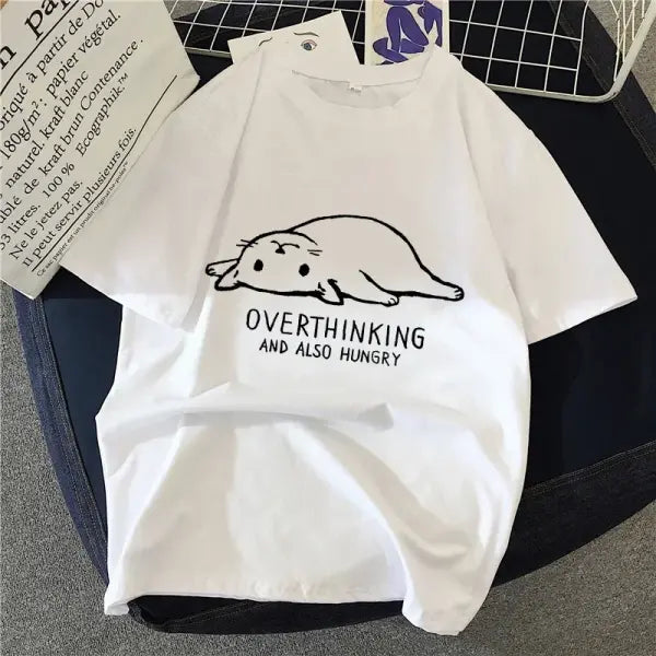 90s Graphic Cat T-Shirt – Women’s Harajuku Vintage Rock Top Tee Simple Brush Drawing Design - R7518-3 / S